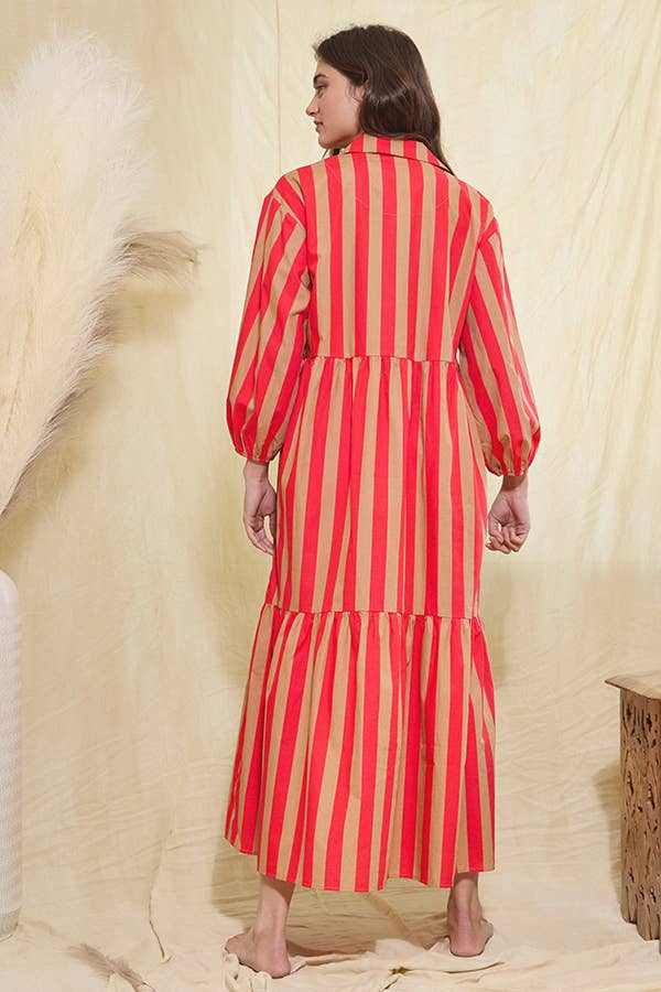 Striped Tiered Midi Shirt Dress