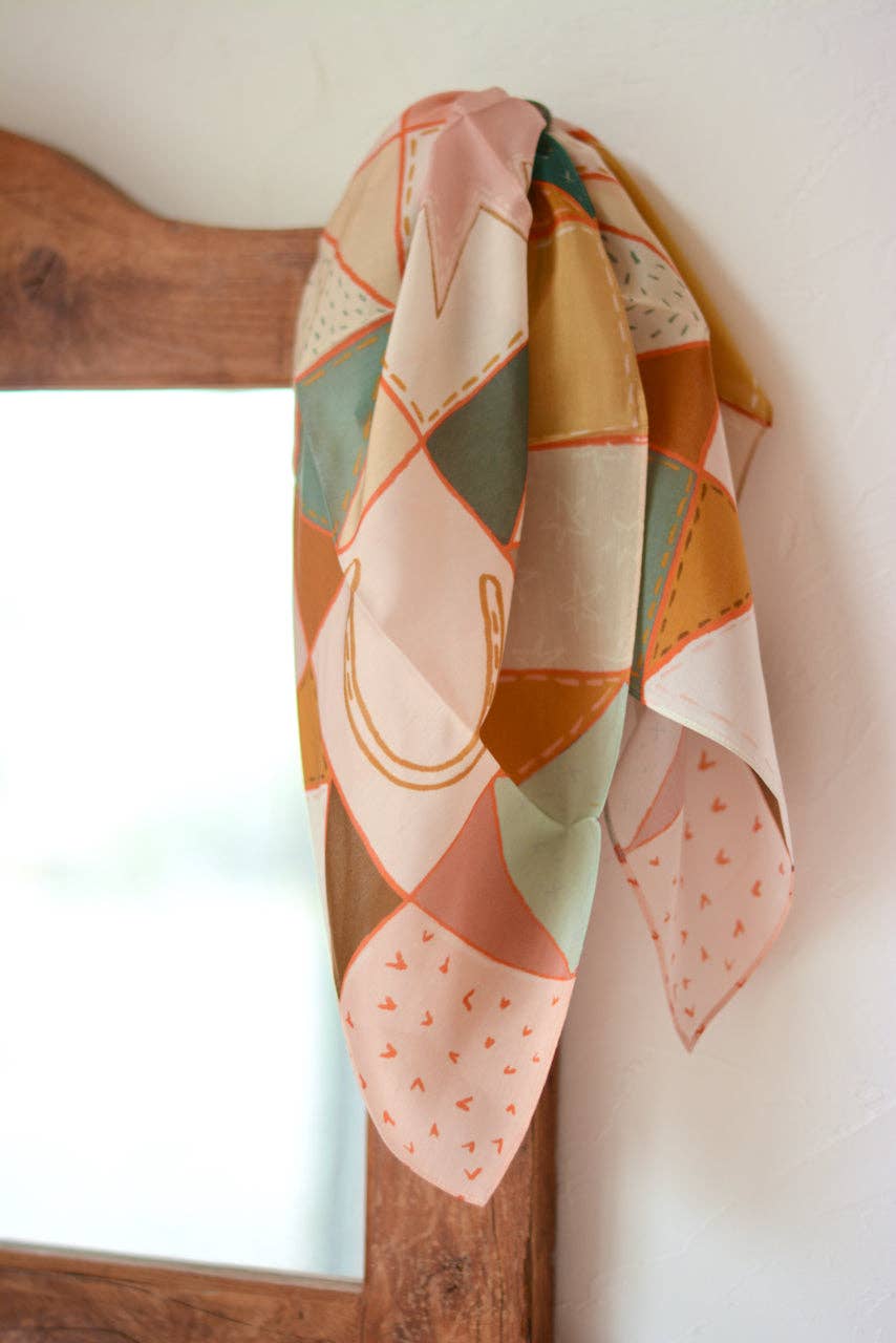 Western Horseshoe Vintage Ranching Patchwork Quilt Silk Wild Rag Scarf Holiday Gift
