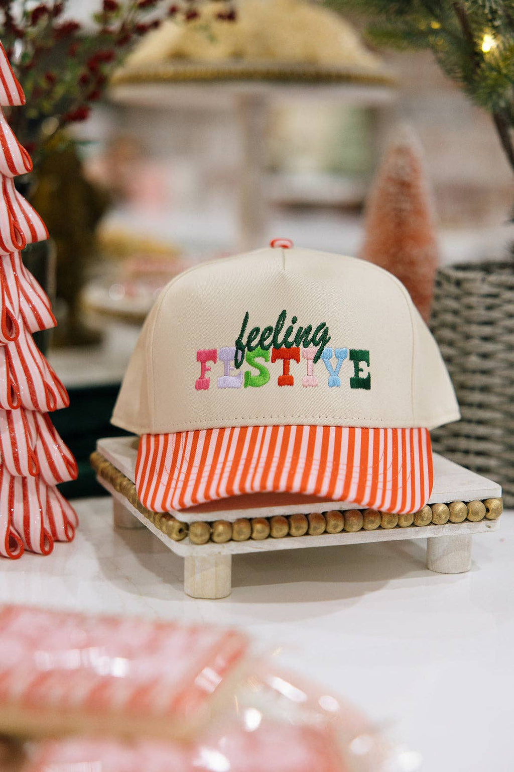 Feeling Festive Pink Striped Hat Christmas Hat