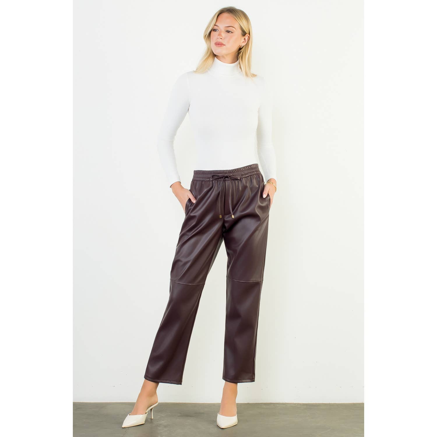 Drawstring Leather Straight Pants