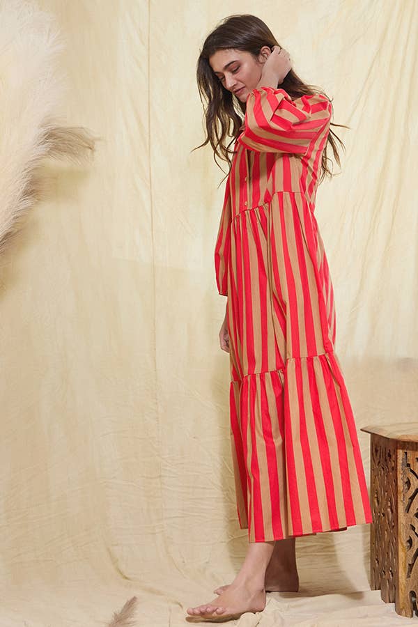 Striped Tiered Midi Shirt Dress