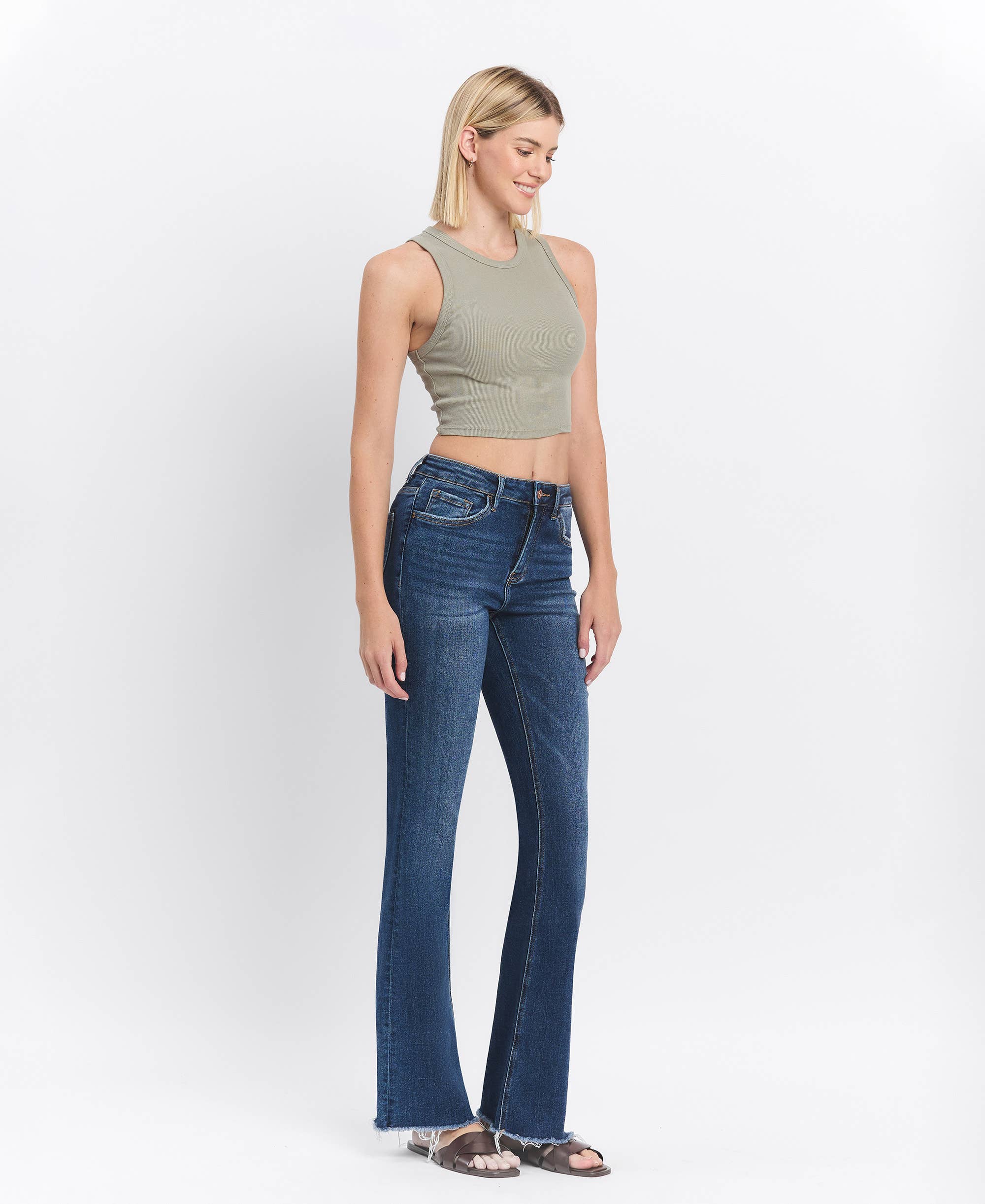 High Rise Medium Dark Wash Raw Hem Bootcut Jeans