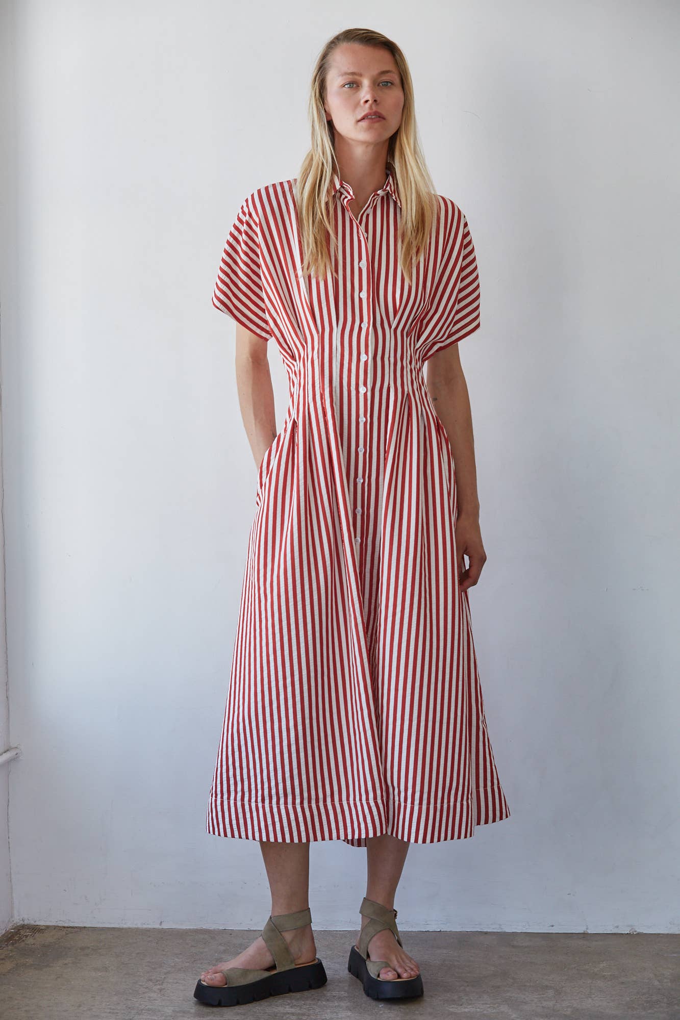 Striped Button Down Collar Maxi