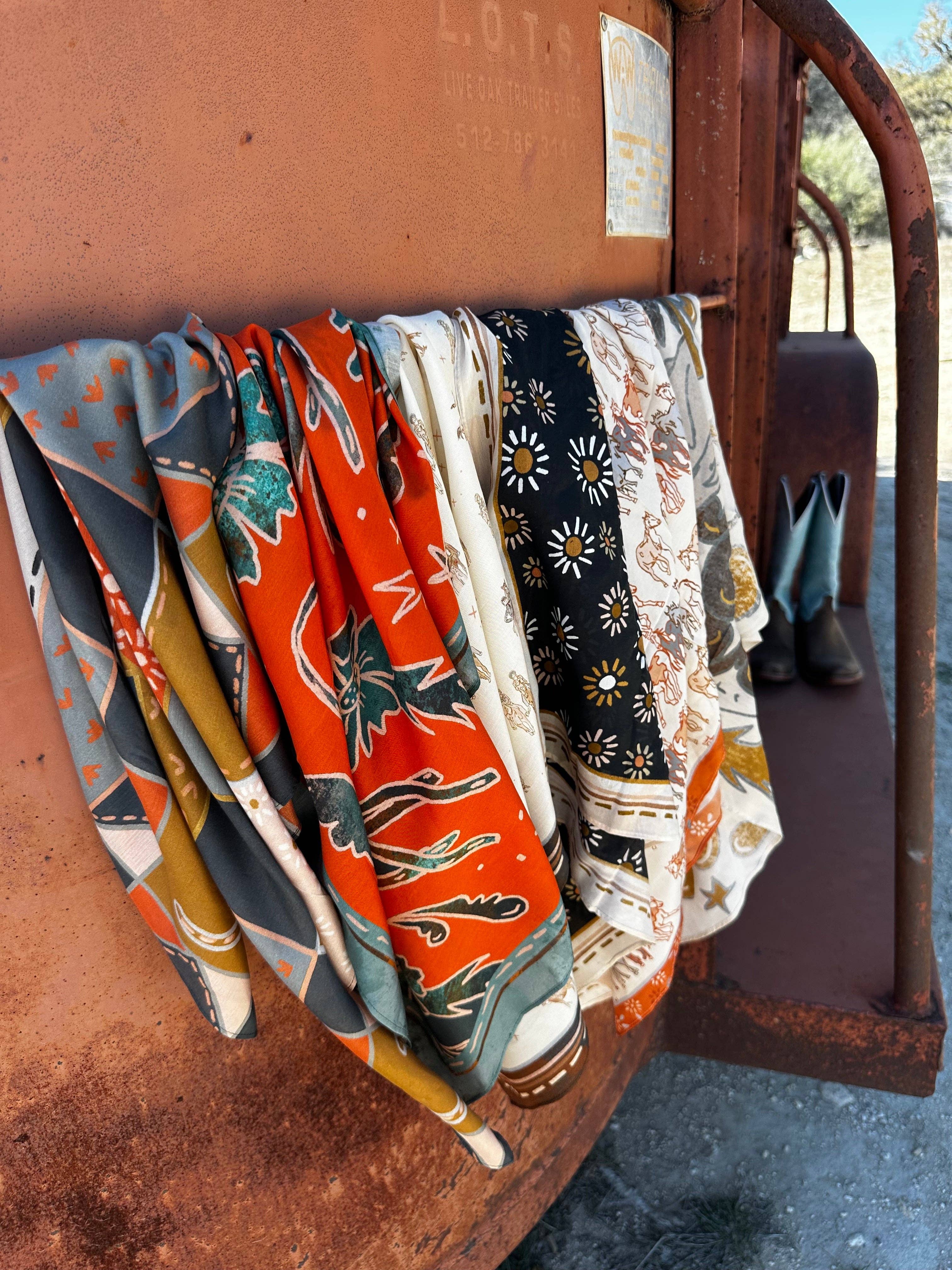 Frontier Bound Patchwork in Rust Western Silk Wild Rag Scarf