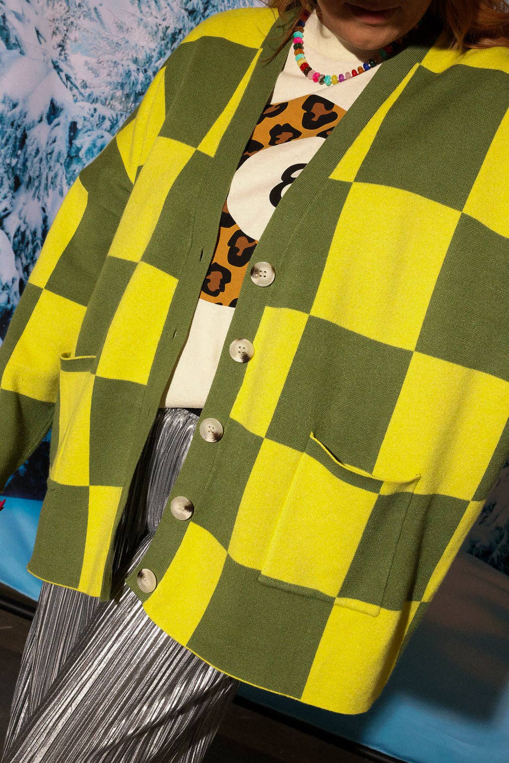 Heat Check Green Checkered Oversized Cardigan