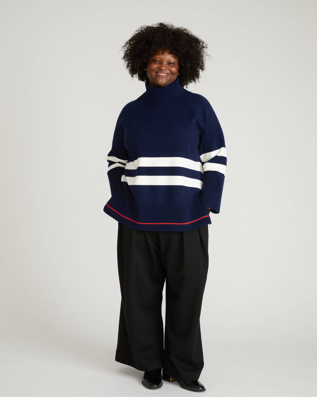 Better-Than-Wool Oversize Turtleneck Sweater - Navy/Cream Stripes with Red Hem