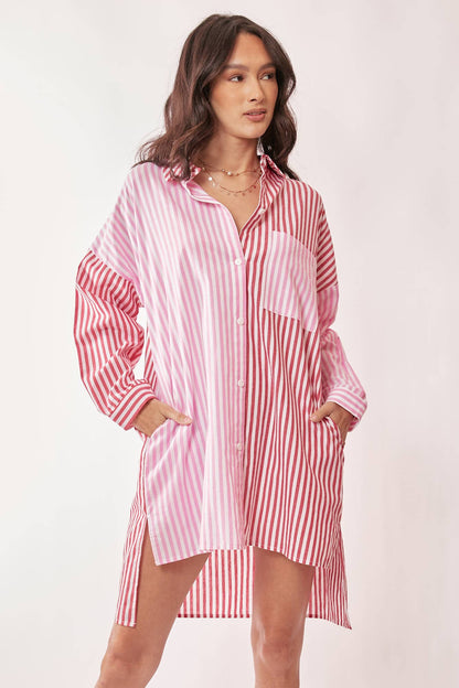Red/Pink Stripe Hi-Low Shirt Dress