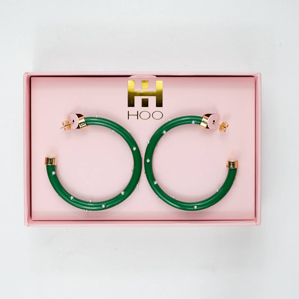 Large Hoop Earrings - Kelly Green with Pearls