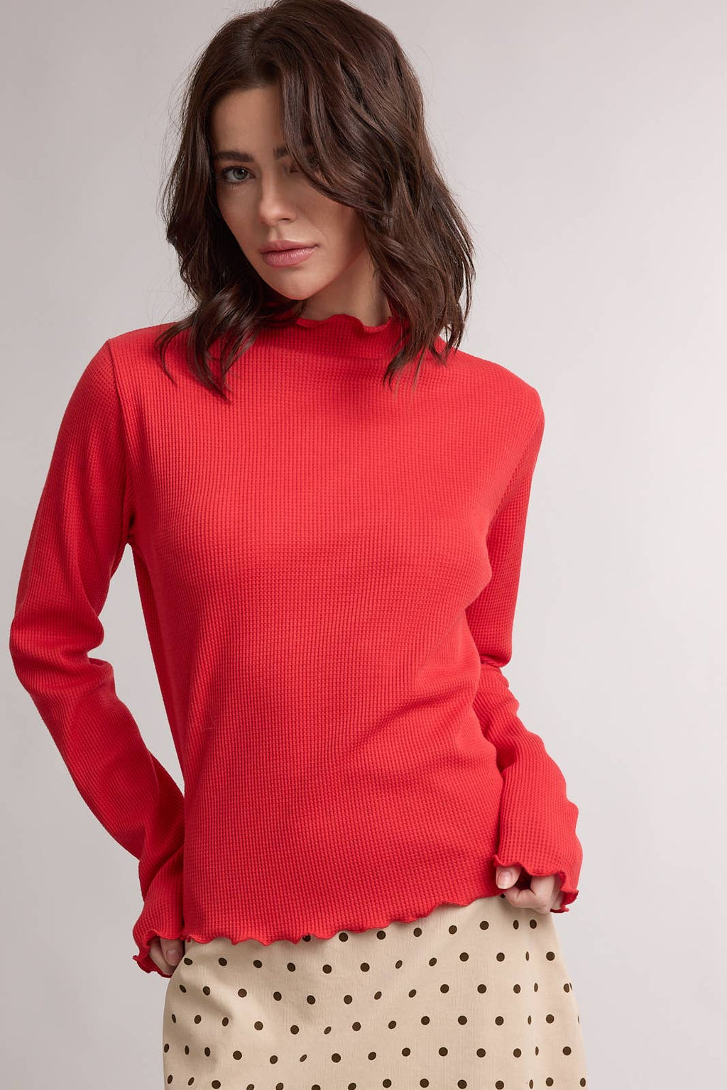 Red Waffle Knit Mock Neck Shirt