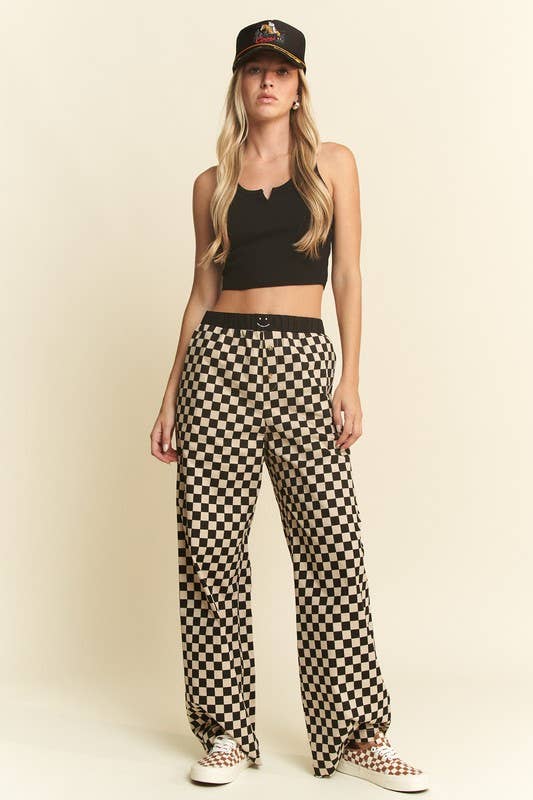 Straight Leg Checkered Pants w/ Elastic Waist