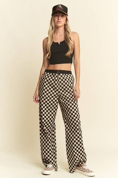 Straight Leg Checkered Pants w/ Elastic Waist