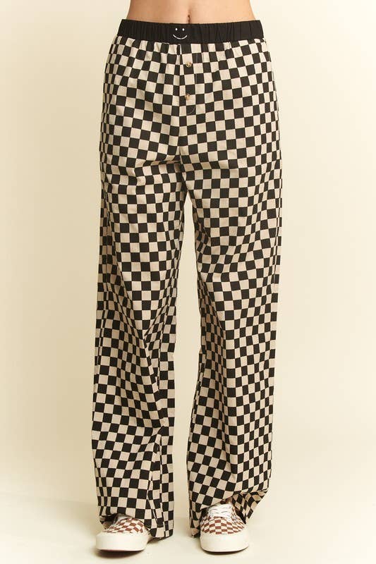 Straight Leg Checkered Pants w/ Elastic Waist