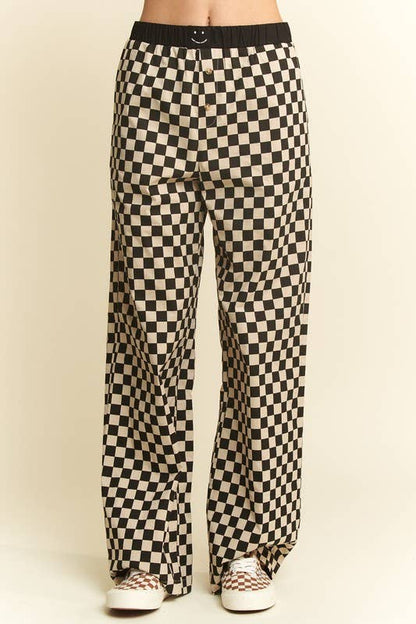 Straight Leg Checkered Pants w/ Elastic Waist