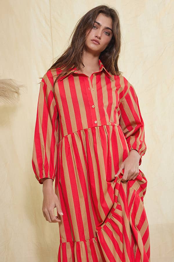 Striped Tiered Midi Shirt Dress