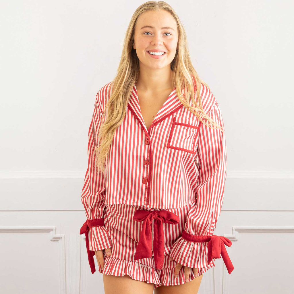 Red Stripe Satin Ruffle Short PJ Set