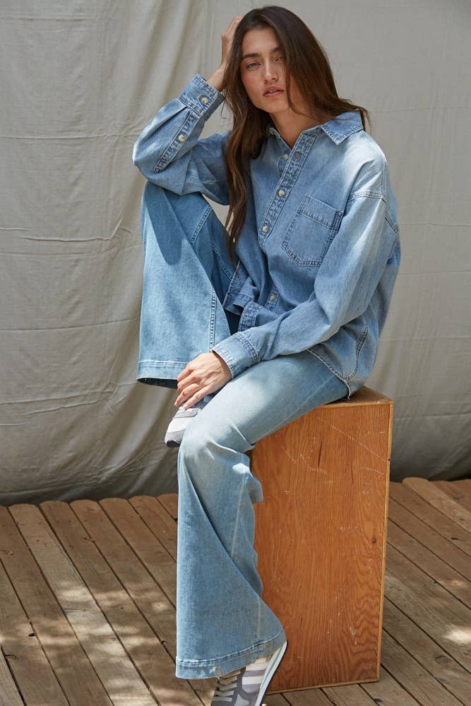 Cotton Denim Button-Down Long-Sleeve Shirt