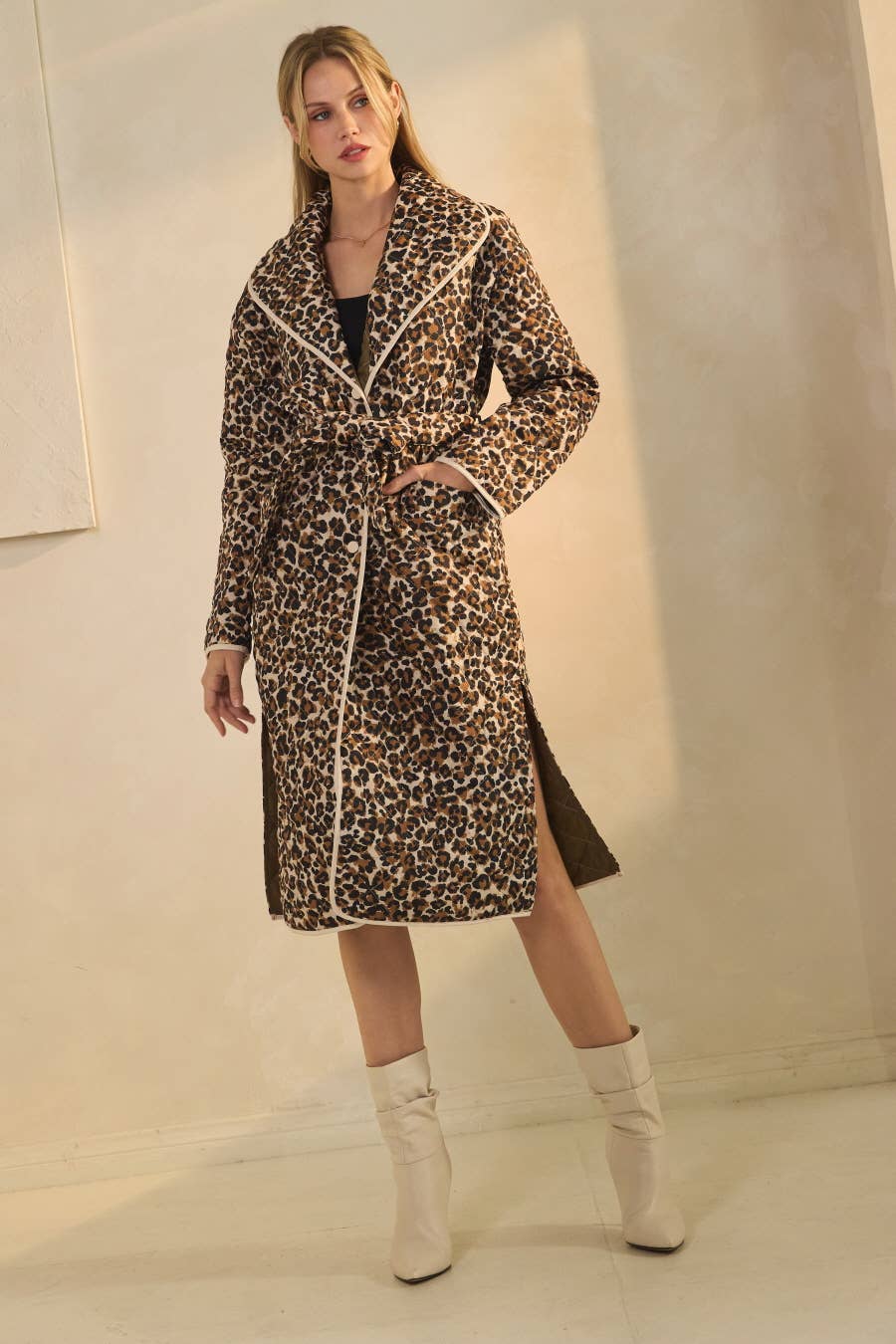 Quilted Animal Printed Belted Coat