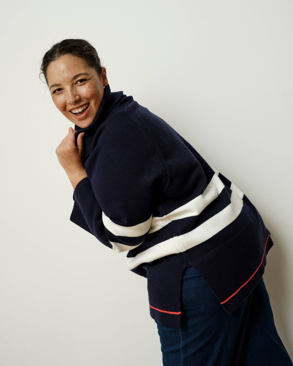 Better-Than-Wool Oversize Turtleneck Sweater - Navy/Cream Stripes with Red Hem