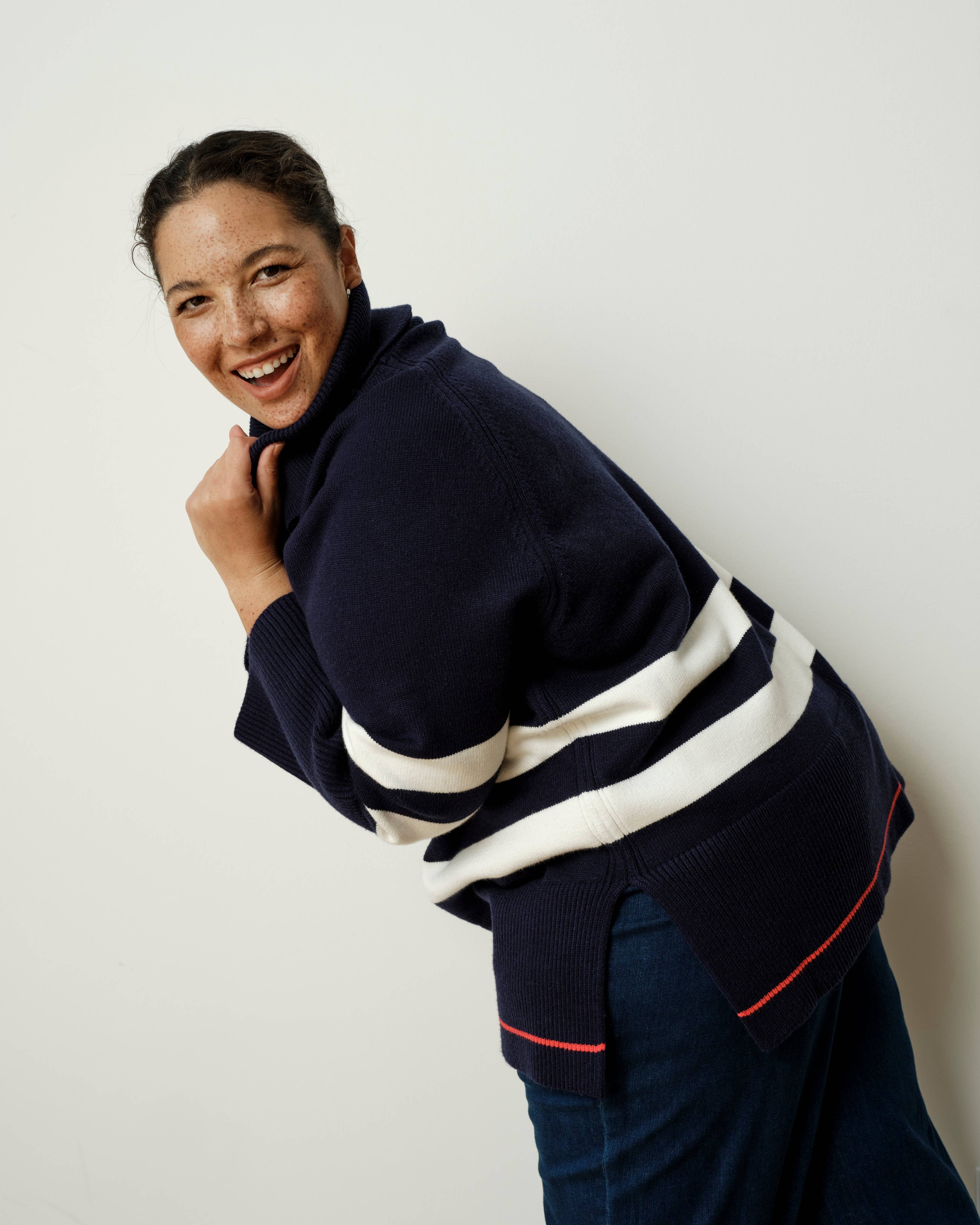 Better-Than-Wool Oversize Turtleneck Sweater - Navy/Cream Stripes with Red Hem