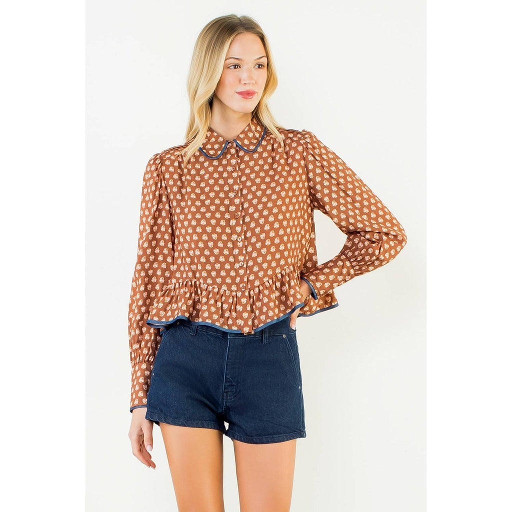 Long Sleeve Floral Pattern Button Down Top