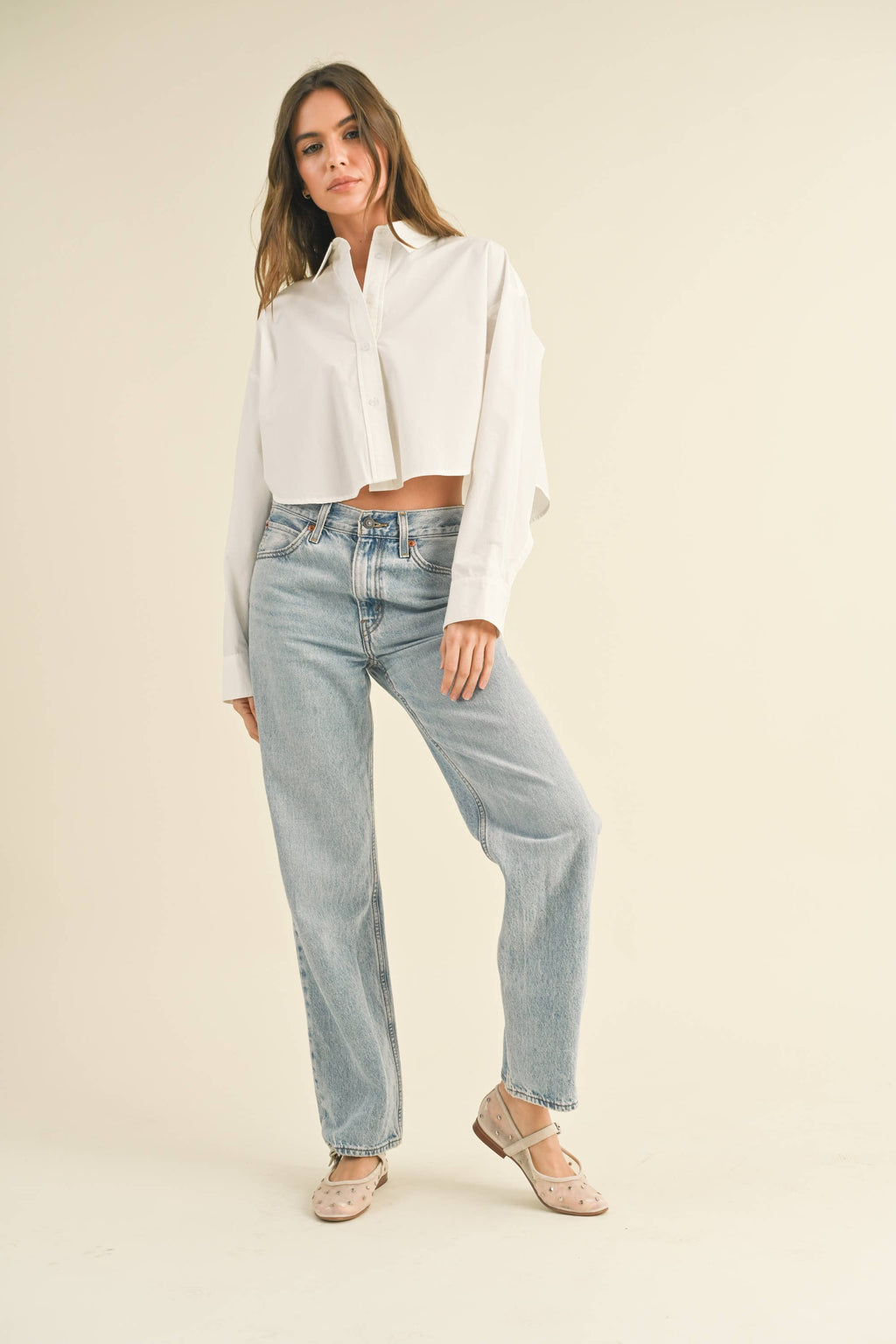 White Cropped Button Down Shirt