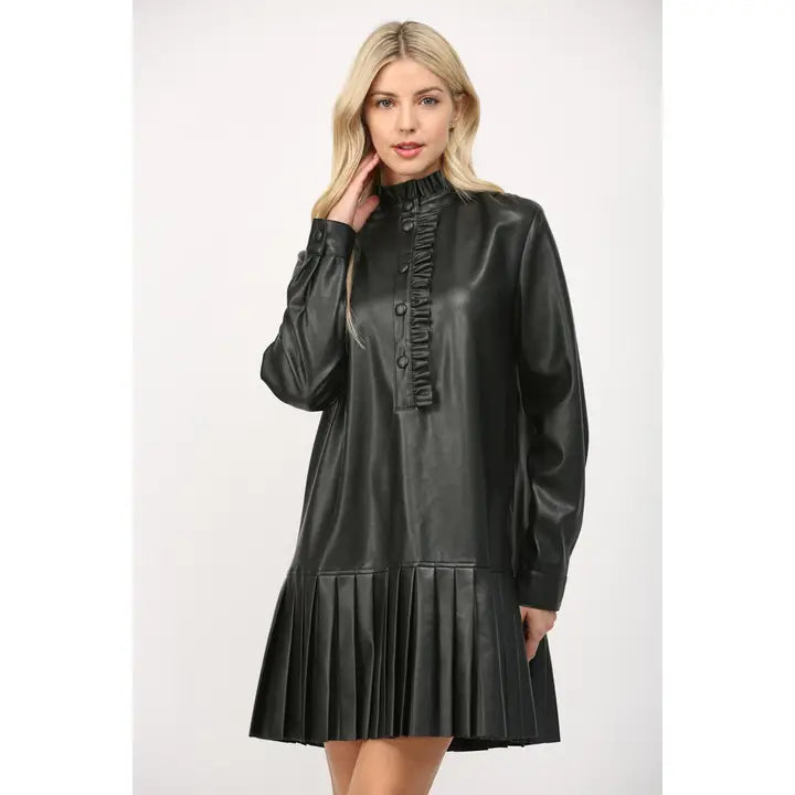 Ruffle Pleated Faux Leather Dress