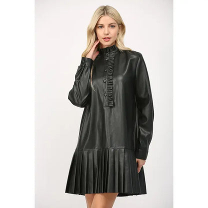 Ruffle Pleated Faux Leather Dress