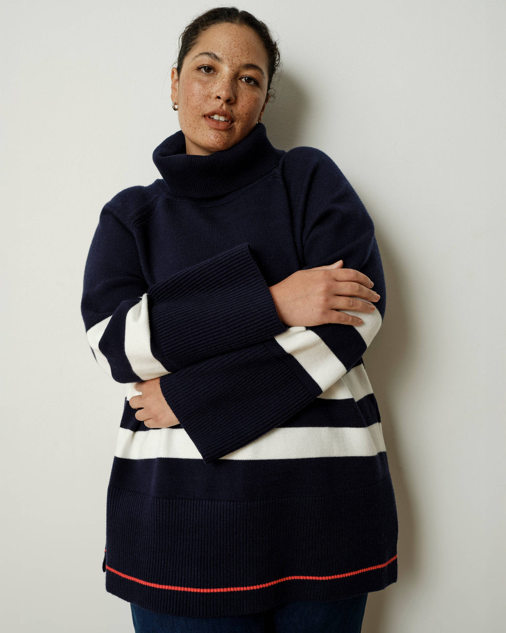 Better-Than-Wool Oversize Turtleneck Sweater - Navy/Cream Stripes with Red Hem