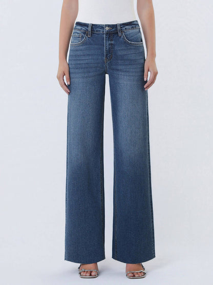 High Rise Dark Wash Clean Cut Raw Hem Wide Leg Jeans