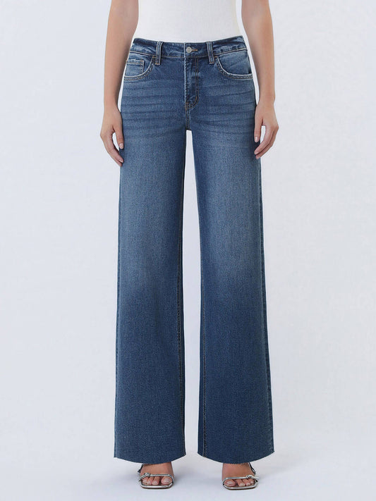 High Rise Dark Wash Clean Cut Raw Hem Wide Leg Jeans
