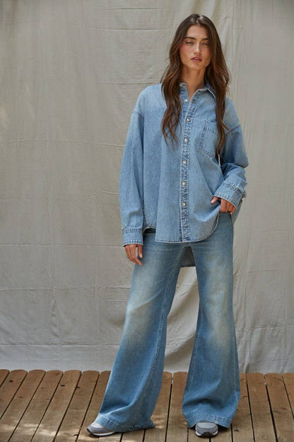 Cotton Denim Button-Down Long-Sleeve Shirt