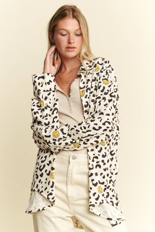 Smiley Animal Print Button-Up Shirt
