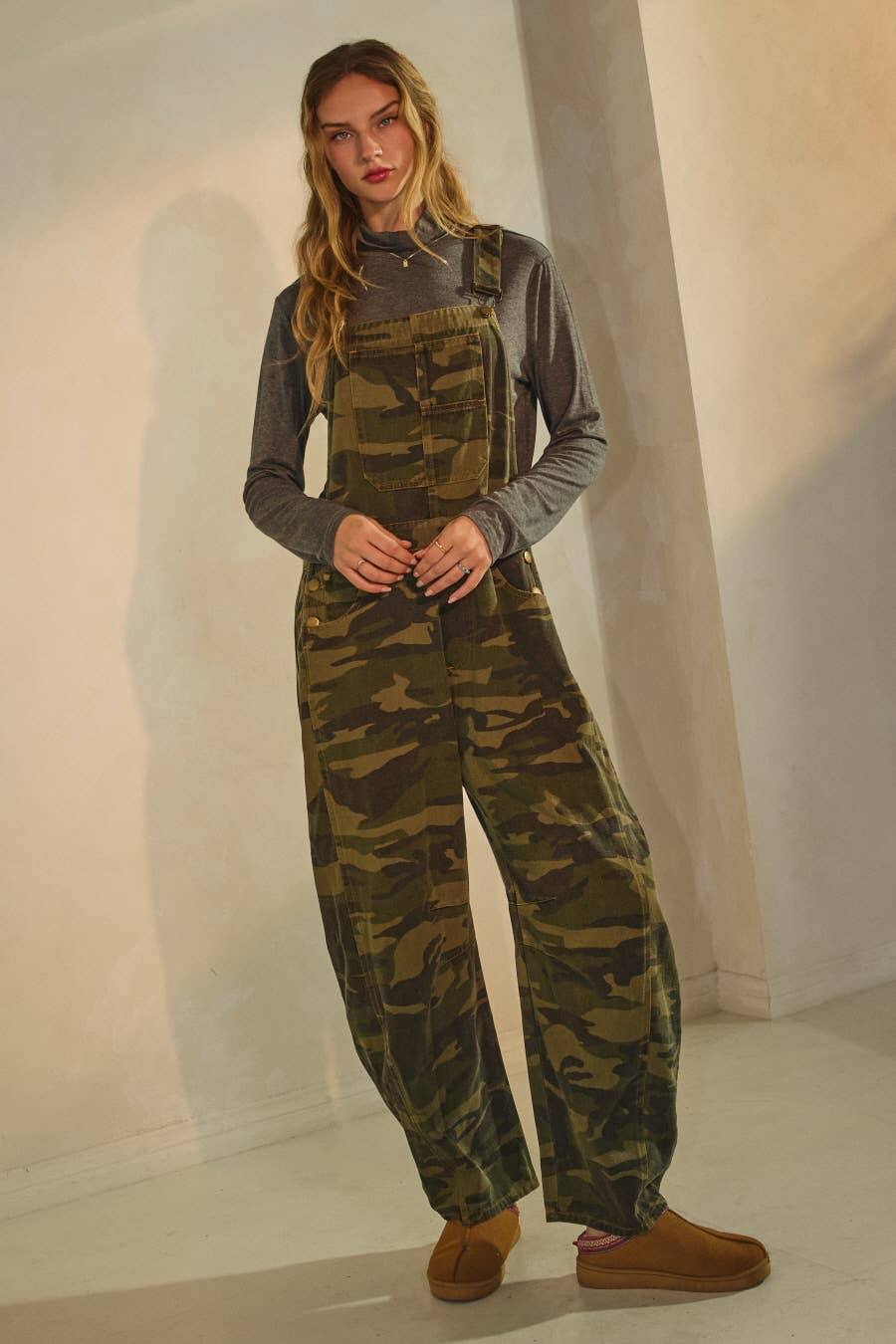 Camo Denim Barrel Overall Jumpsuit