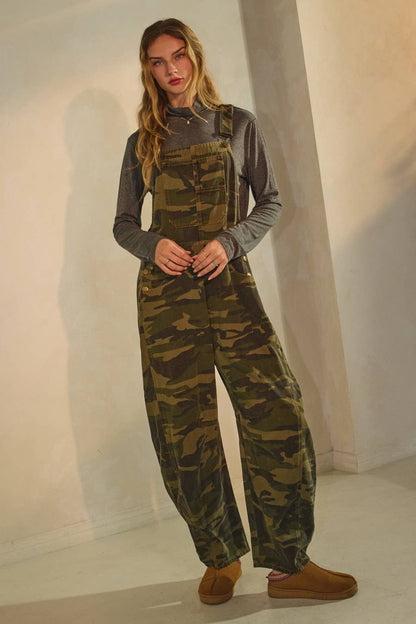 Camo Denim Barrel Overall Jumpsuit