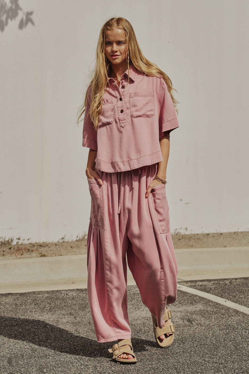 Washed Denim Half Placket Cropped Shirt