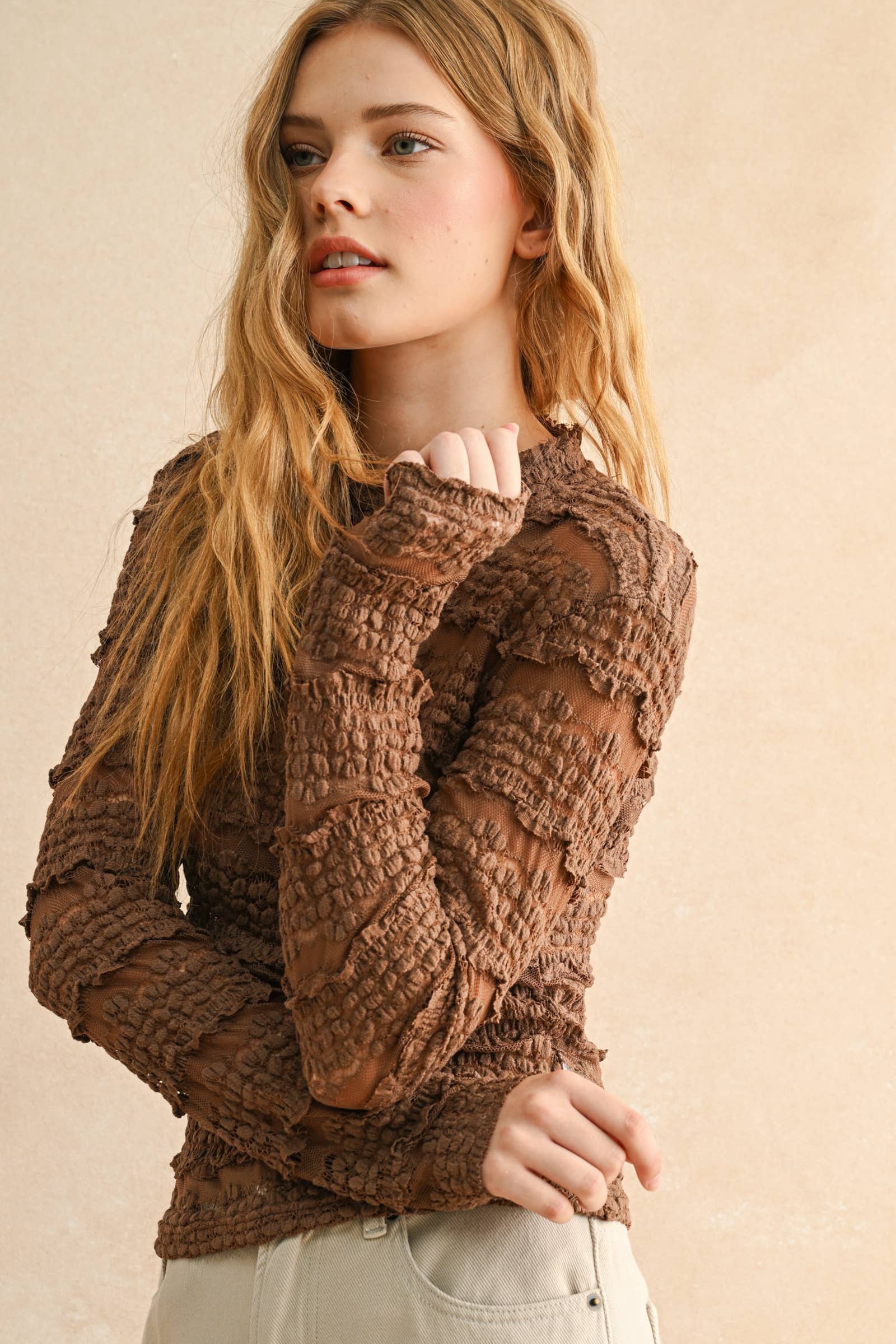 Lace Textured Long Sleeve Blouse