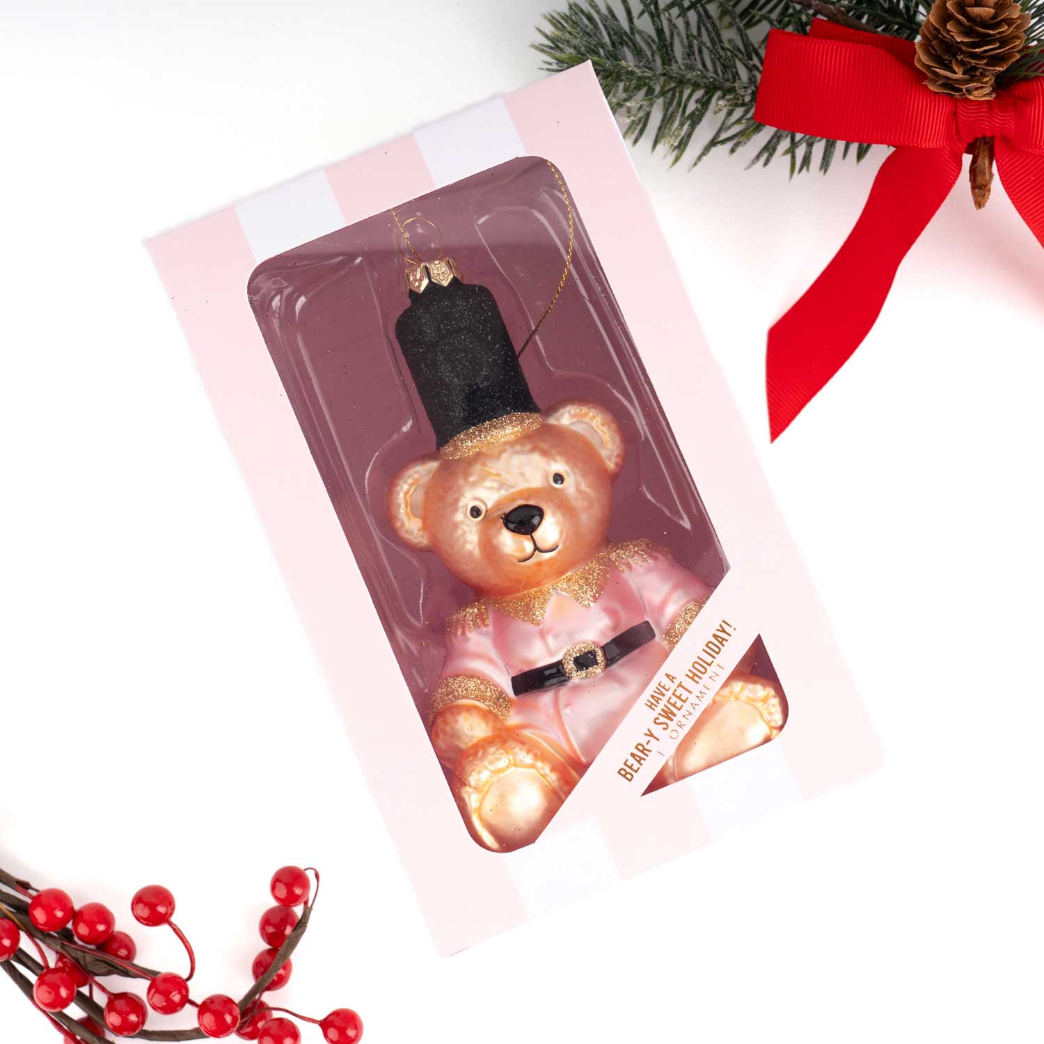 Pink Teddy Bear Boxed Glass Ornament
