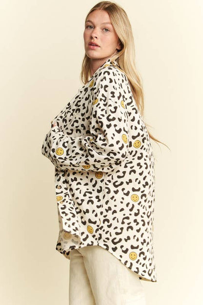 Smiley Animal Print Button-Up Shirt