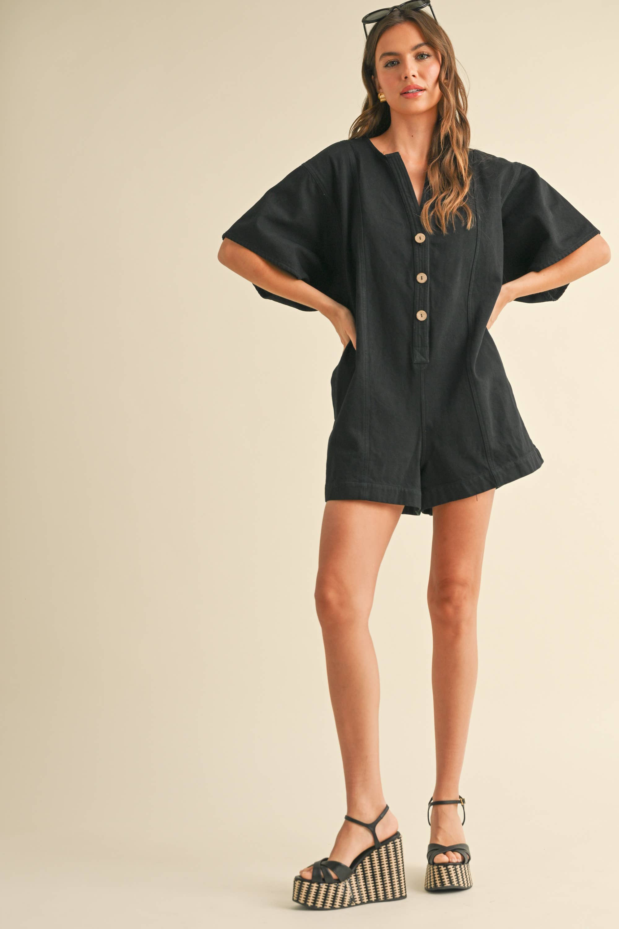 Black Button Front Romper