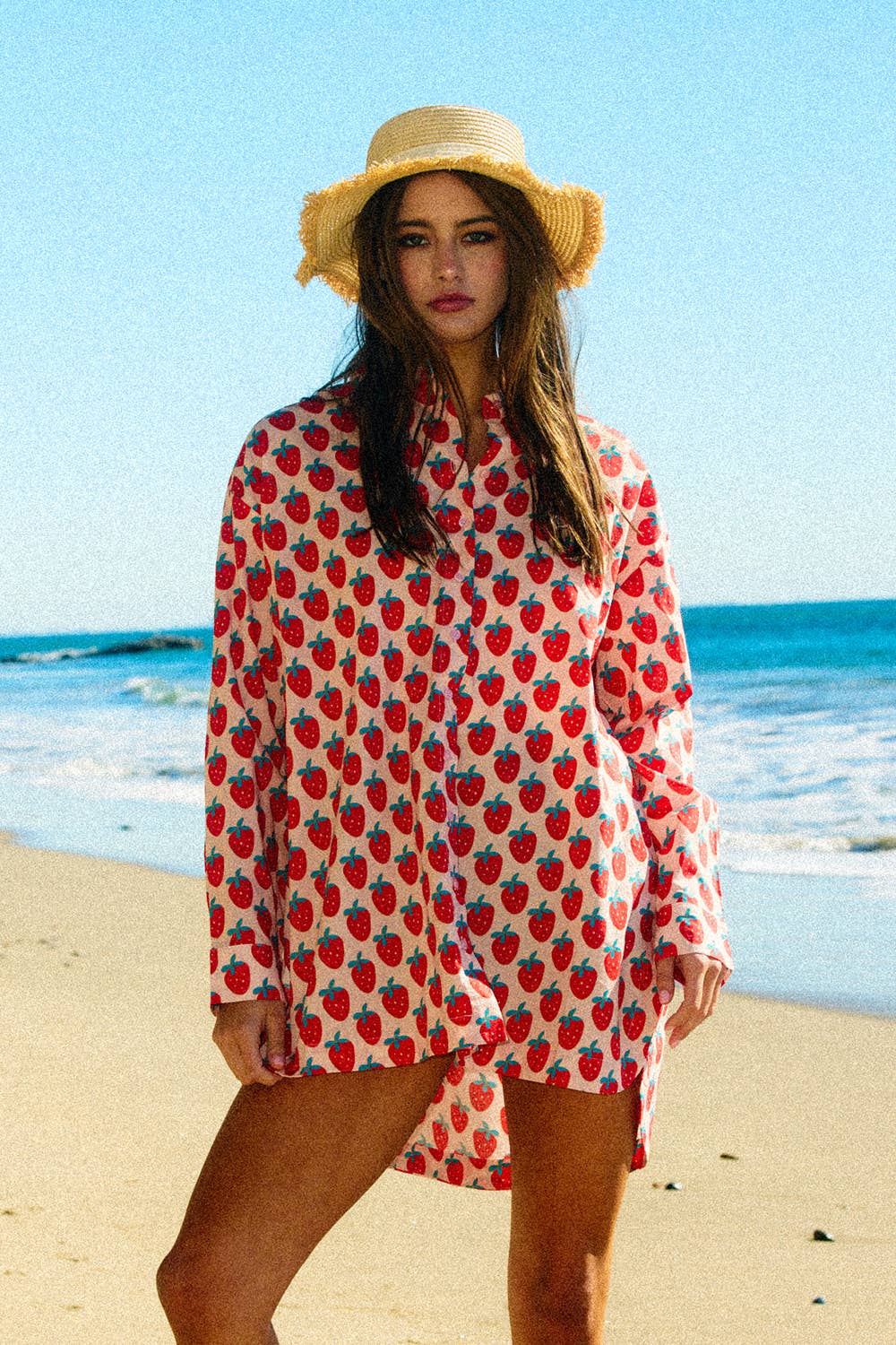 Strawberry Beach Print Oversized Shirt Dress