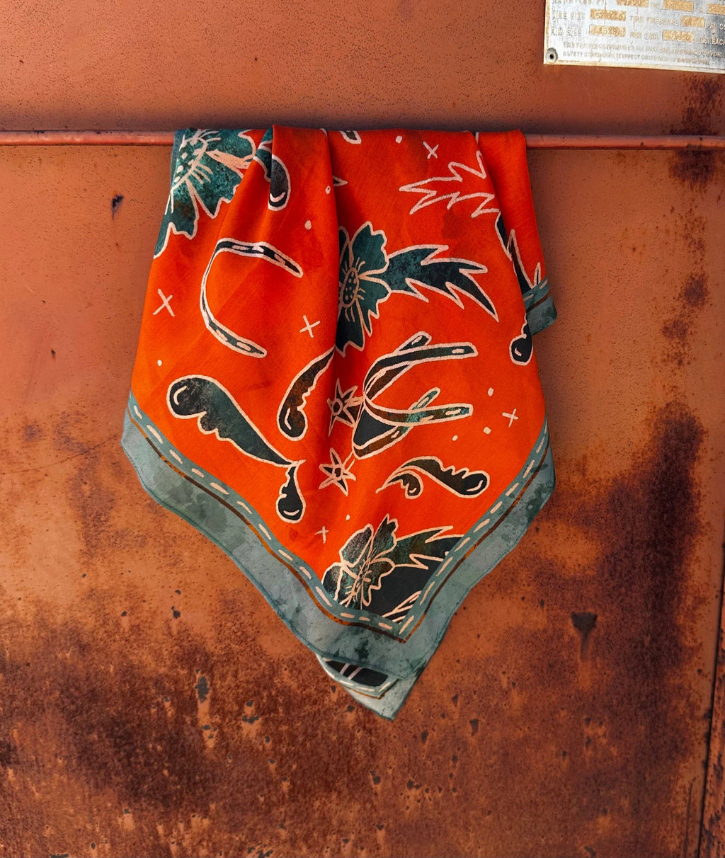 Spurs N’ Horseshoes in Rust Silk Western Cowgirl Wild Rag Scarf