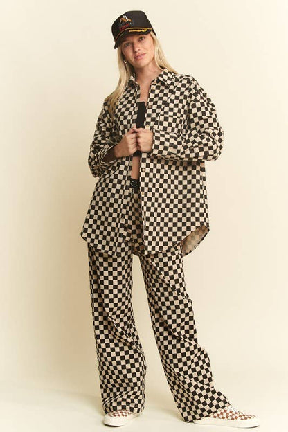 Straight Leg Checkered Pants w/ Elastic Waist