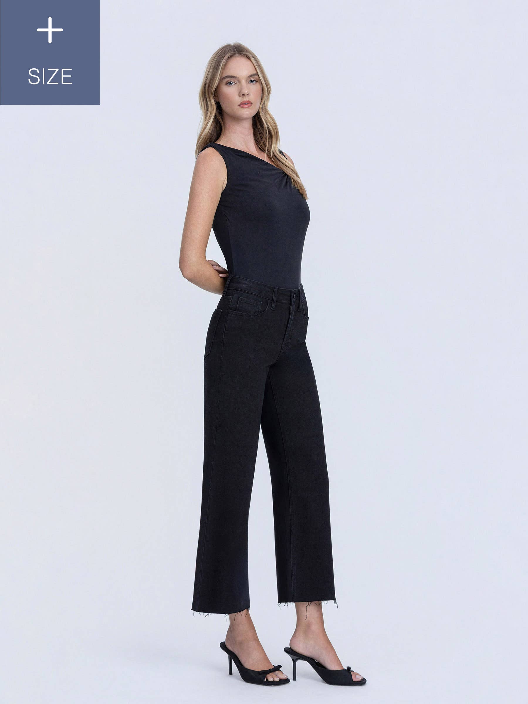 HIgh Rise Raw Hem Crop Black Wide Leg Jeans