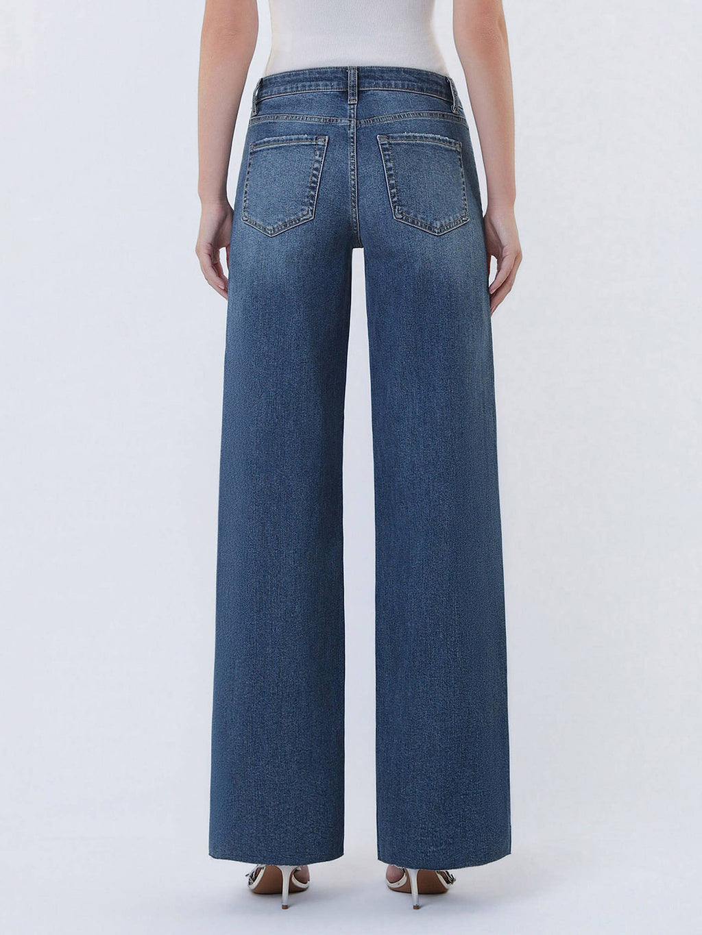 High Rise Dark Wash Clean Cut Raw Hem Wide Leg Jeans