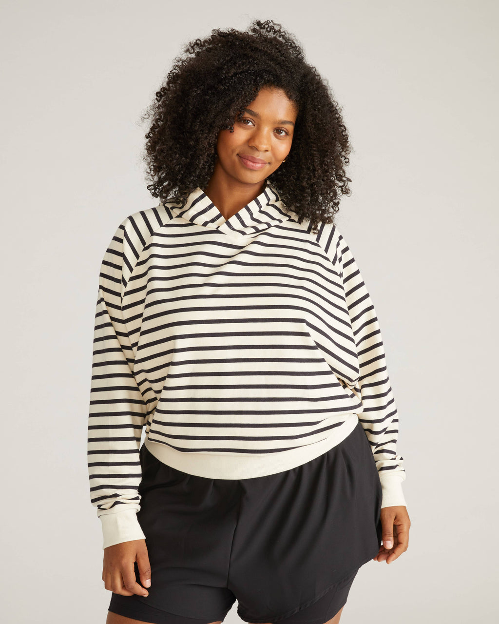 French Terry Pullover Hoodie - Ecru/Black Stripe