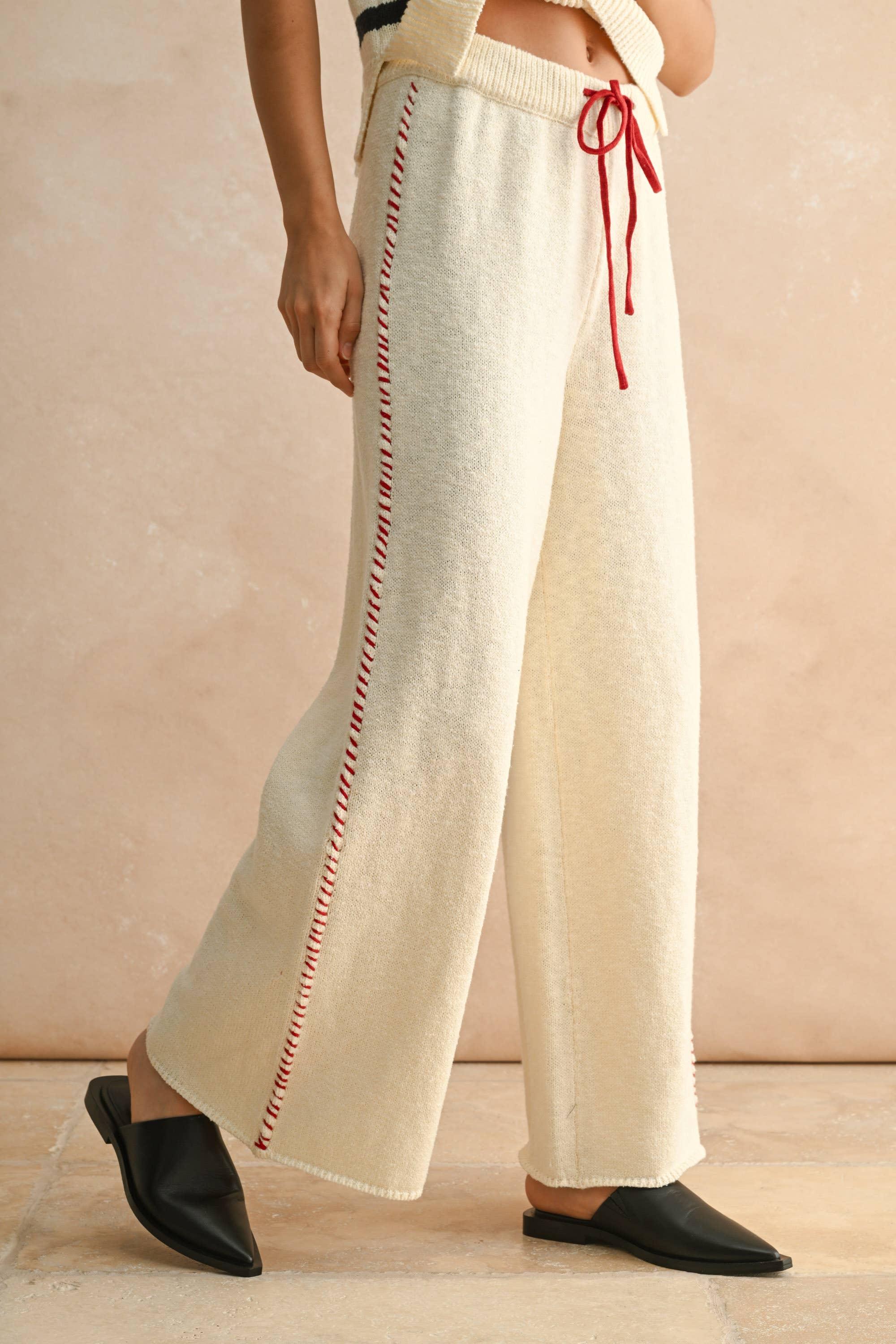 Red Stitch Detail Knit Pants