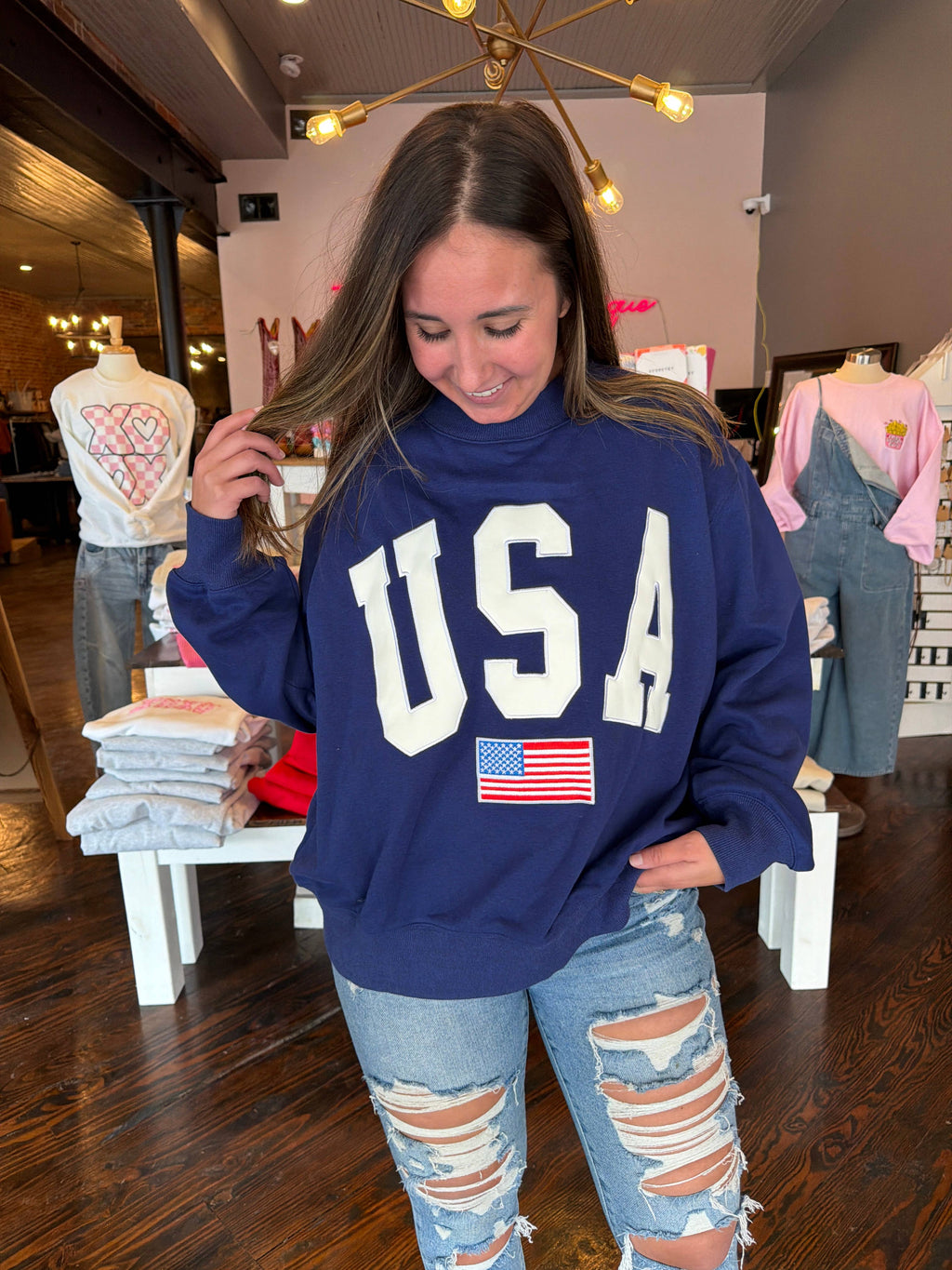 Navy USA 4th Of July Embroidered Mockneck 