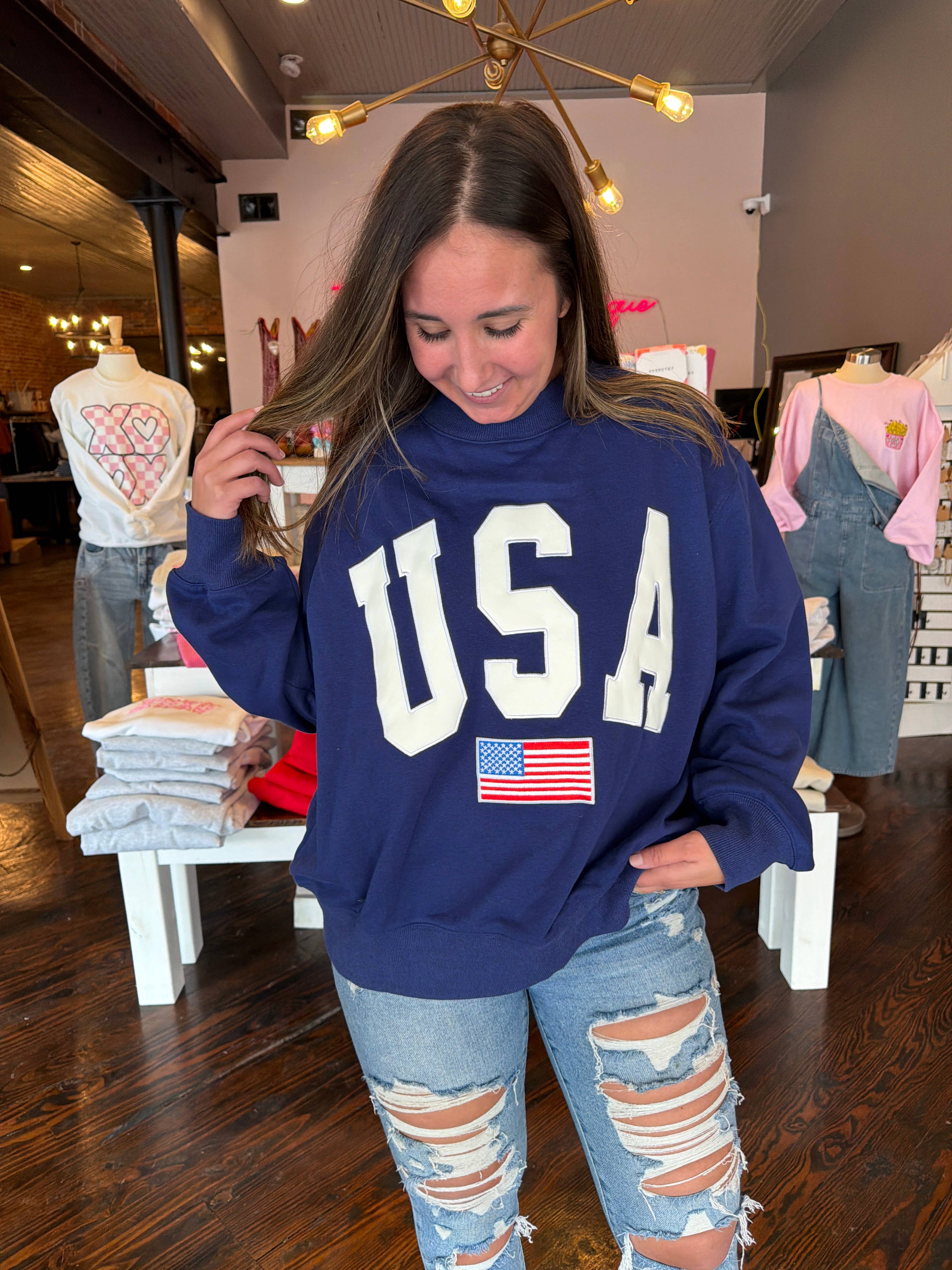 Navy USA 4th Of July Embroidered Mockneck 