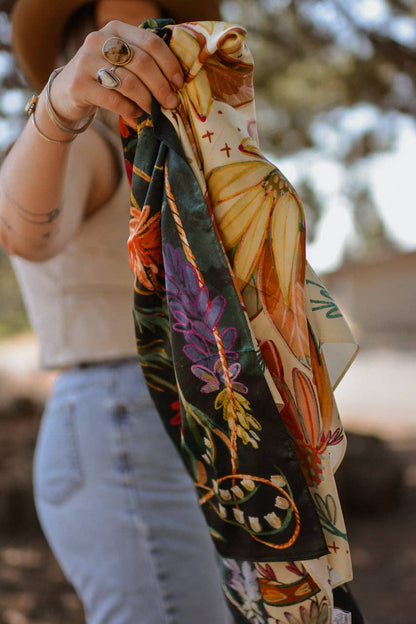 Vivid Wildflowers Western Cowgirl 35x35 Silk Wild Rag Scarf