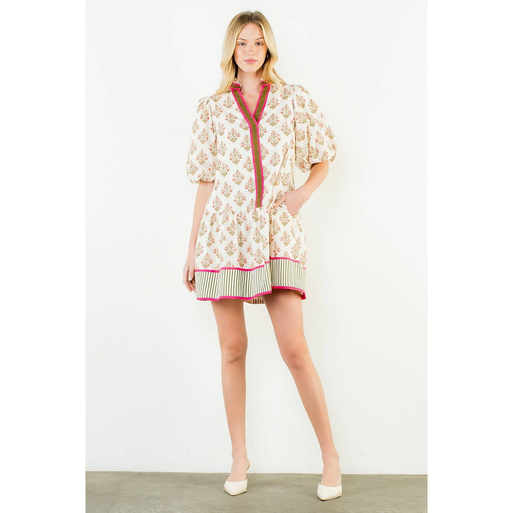 Floral Short Dress with Stripe
